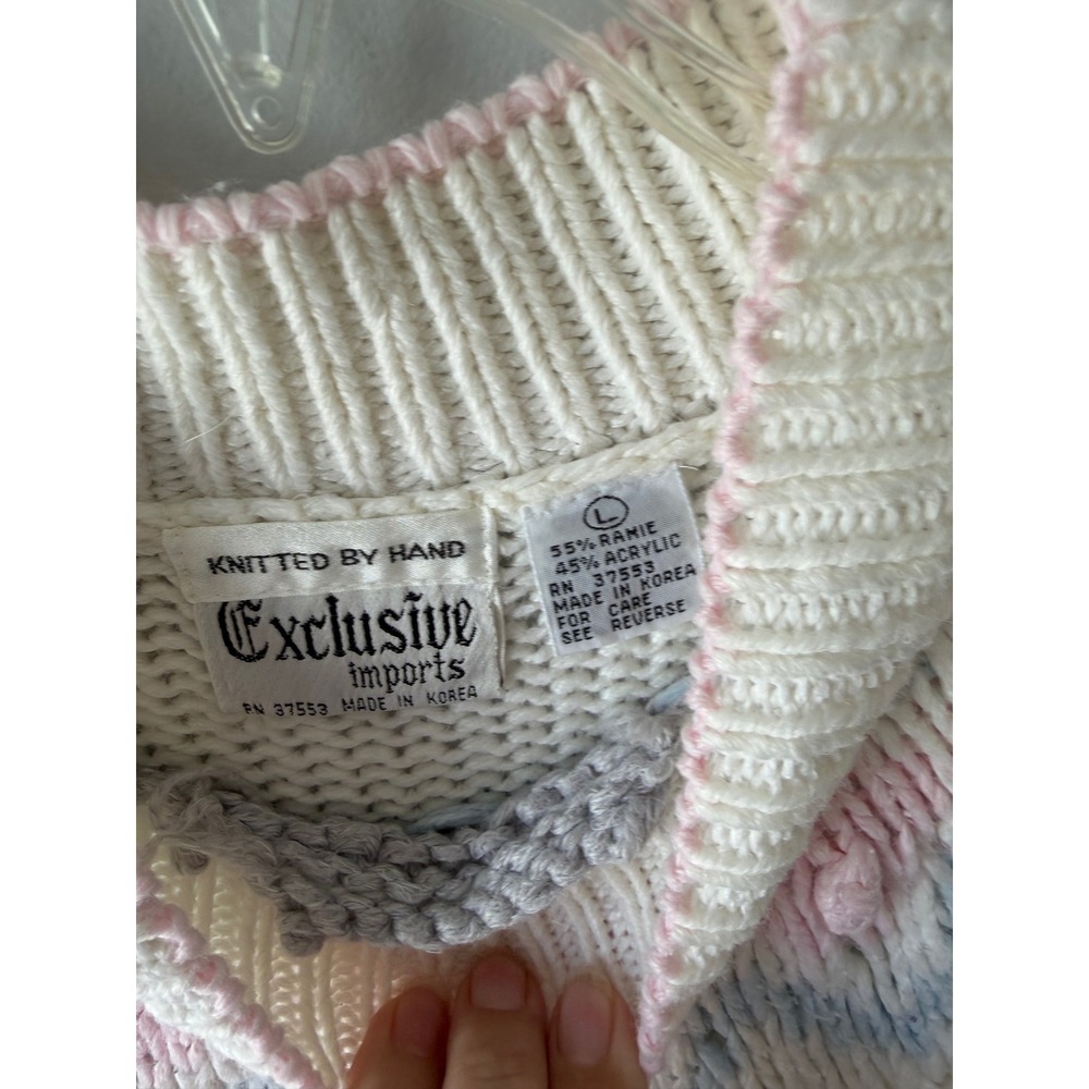 Exclusive Imports Vintage Hand Knit Cable Sweater Pastel Pink Blue White Large - Picture 6 of 9